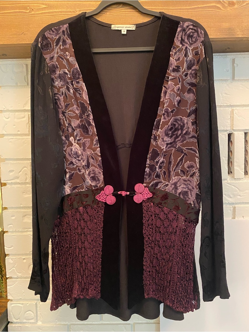 Spencer Alexis Floral Burnout Velvet Crochet Open Front Cardigan Medium Made USA
